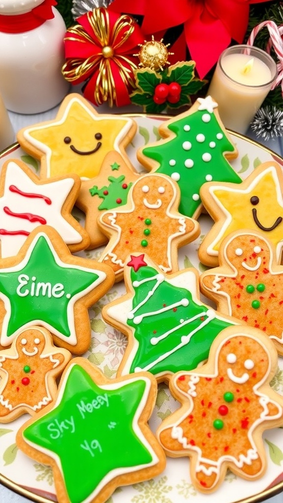 A variety of decorated Christmas cookies on a festive plate, showcasing holiday shapes and colors.
